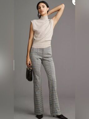 Anthropologie Blue and Gray Plaid Straight-Leg Pants